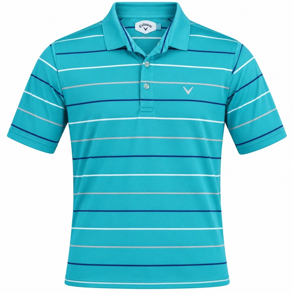 Callaway Mens Large Turquoise Teal Striped Short Sleeve Golf Polo Shirt Chevron